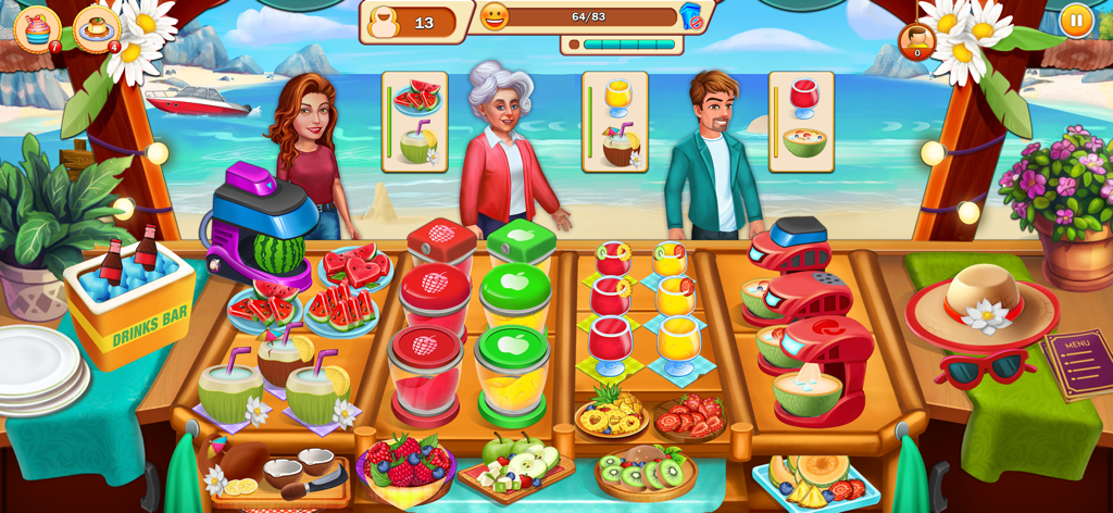 Beachside drinks bar in Food Cooking game showing customers and tropical fruit smoothies