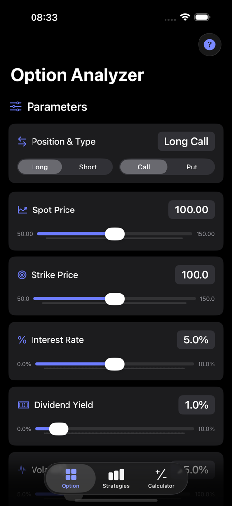 Interface of the Option Analyzer screen displaying adjustable sliders for spot price strike price and interest rates for a long call