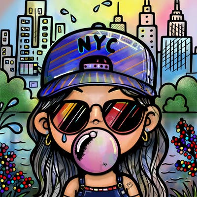nyc background girl sunglasses and baseball hat chewing bubble gum in the summer time with a water sprinkler running