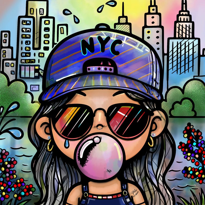 nyc background girl sunglasses and baseball hat chewing bubble gum in the summer time with a water sprinkler running