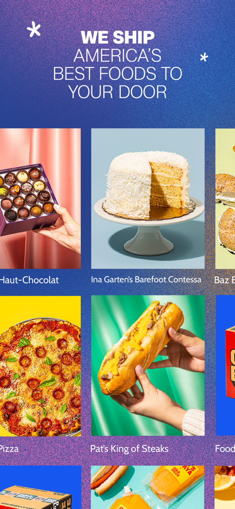 Goldbelly: Ship Food & Gifts - Goldbelly app interface featuring famous American foods for nationwide shipping including pizza cake and cheesesteaks