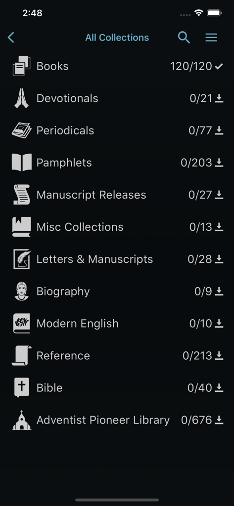 EGW Writings 2 - Aplicativo EGW Writings 2 mostrando várias coleções de biblioteca incluindo Livros e Bíblias
