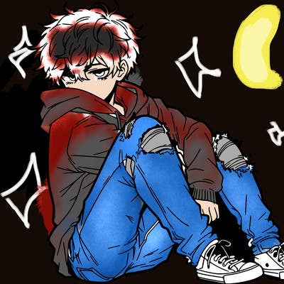a male hoddie ripped jeans messy hair anime