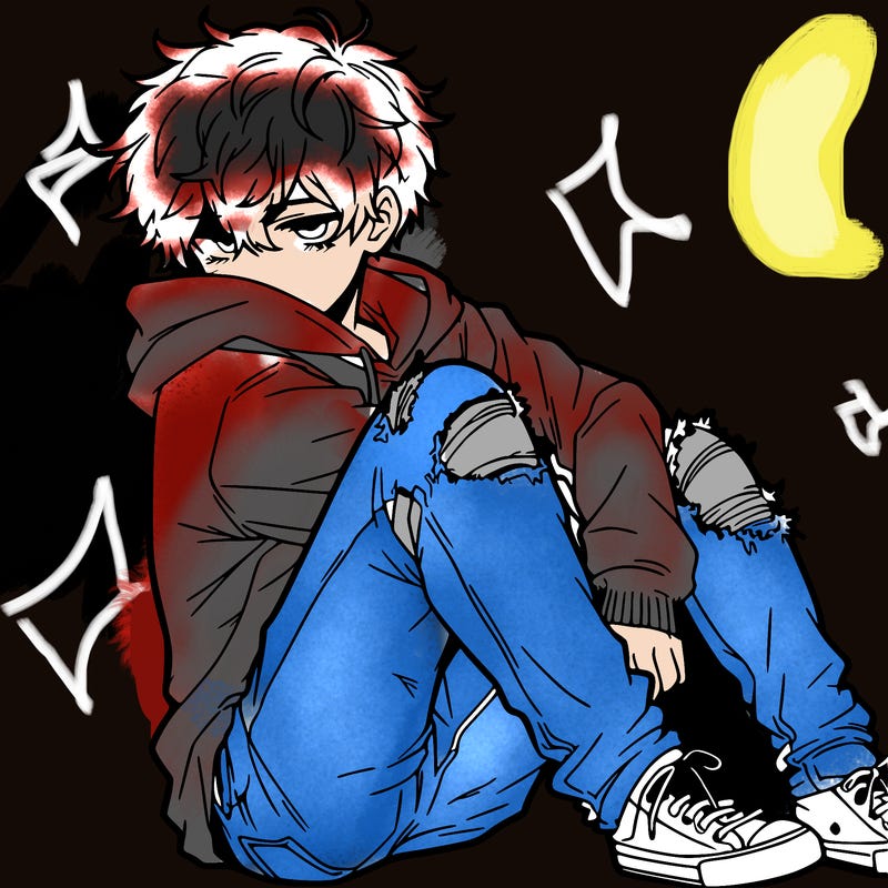 a male hoddie ripped jeans messy hair anime
