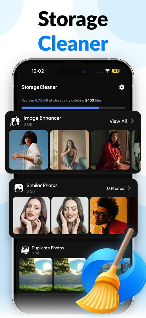 CleanerZ: Clean Phone Storage - Interfaz de la aplicación CleanerZ que muestra opciones para recuperar almacenamiento eliminando fotos duplicadas y similares