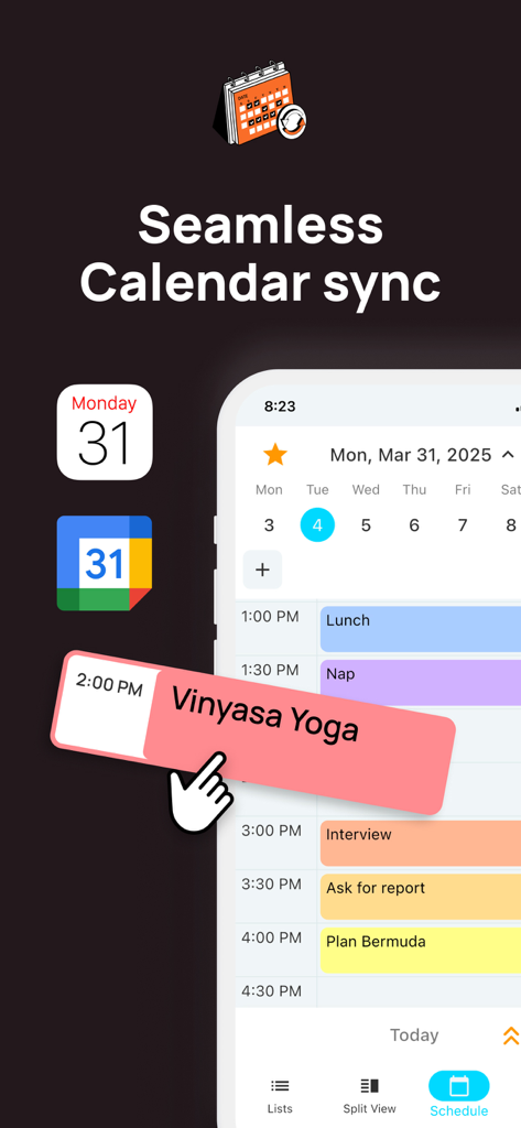 TimeFinder: Time Blocking - TimeFinder mobile app interface displaying seamless calendar synchronization and color-coded time blocking.
