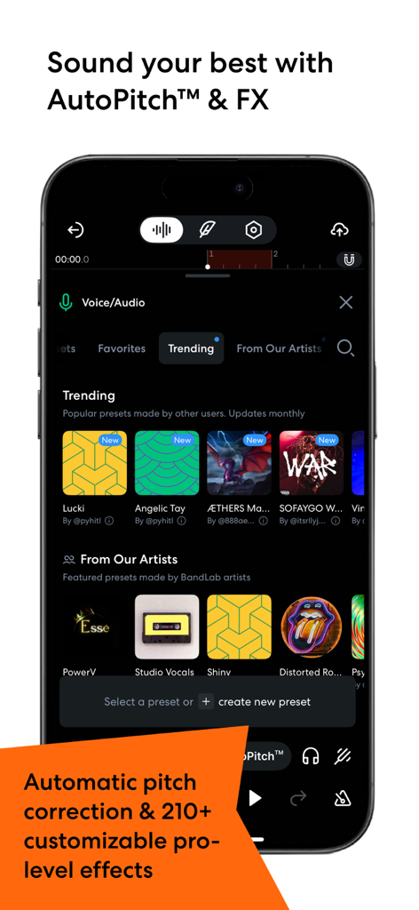 BandLab mobile interface showing AutoPitch settings and trending vocal effects presets