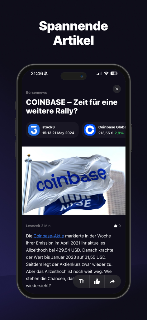 Goldesel App - Goldesel app interface showing a stock market news article about Coinbase.