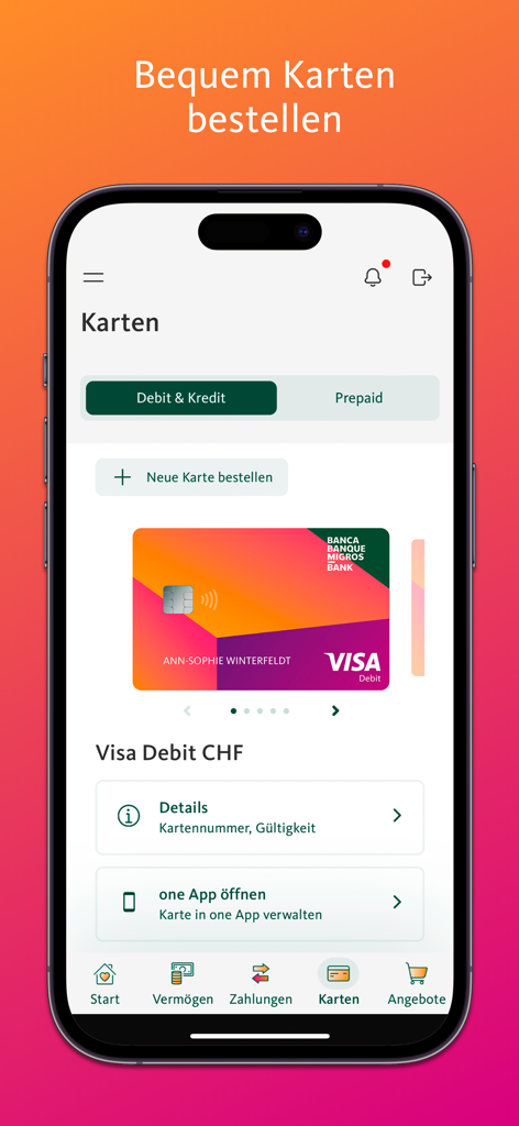Migros Bank E-Banking - Interfaz de la aplicación Migros Bank E-Banking para administrar y solicitar tarjetas de débito Visa