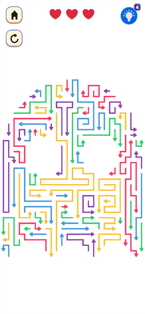 Arrow Block Jam - Escape Game - A complex logic puzzle with colorful interlocking arrow paths forming a maze