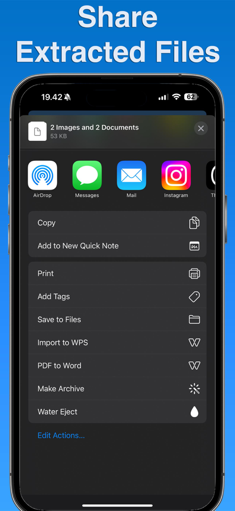 RAR Opener - Oberfläche der RAR Opener App für iOS, die das native Freigabe-Blatt zum Exportieren extrahierter Bilder und Dokumente über AirDrop und andere Apps zeigt