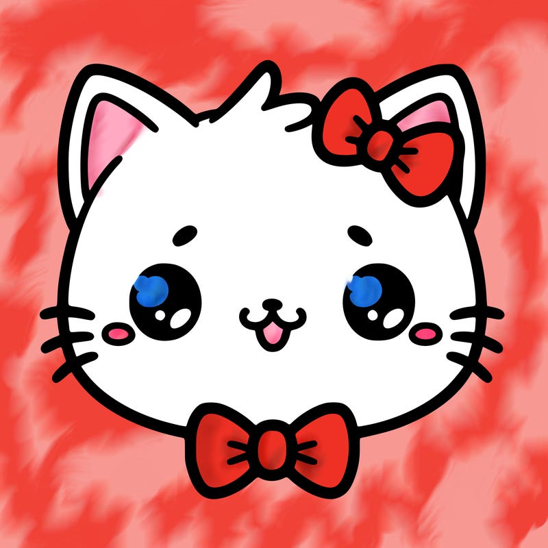 kawaii cat with a bow tie hanging from his ear