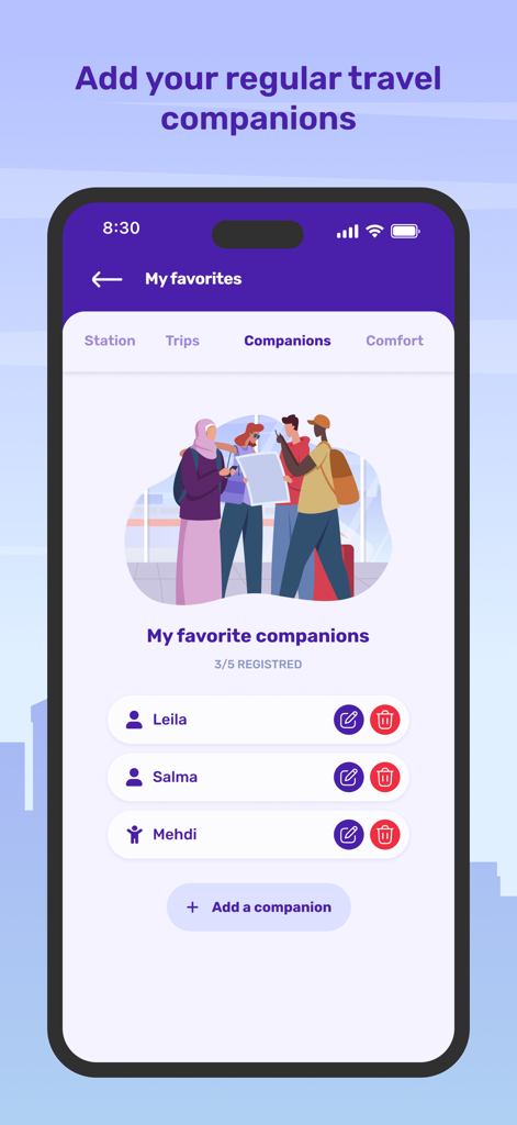 Un écran de smartphone affichant la liste des compagnons de voyage dans l'application mobile ONCF Voyages