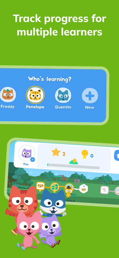 Studycat Frenchアプリで複数の学習者の進捗状況を追跡するインターフェース