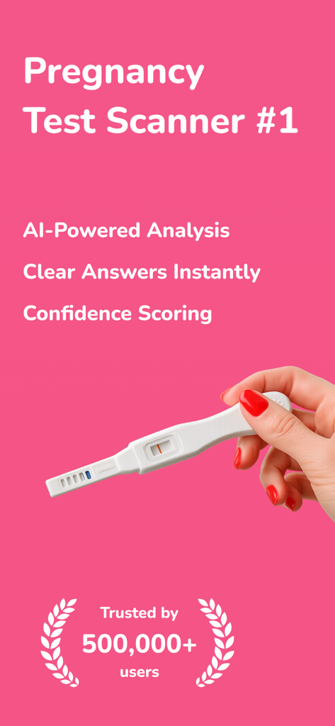 Pregnancy Test Checker AI + - Woman holding a pregnancy test with AI analysis and confidence scoring text on a pink background