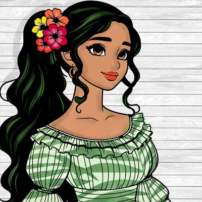 a single latina woman with a side ponytail and a long dress with ruffles. she has a few discreet flowers in her hair. realistic