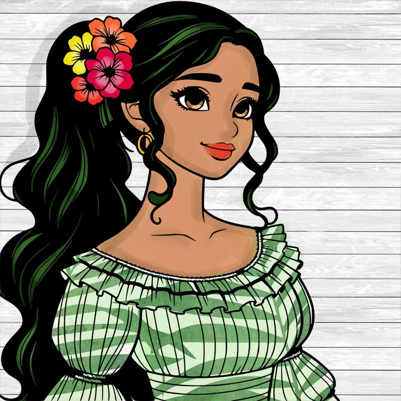 a single latina woman with a side ponytail and a long dress with ruffles. she has a few discreet flowers in her hair. realistic