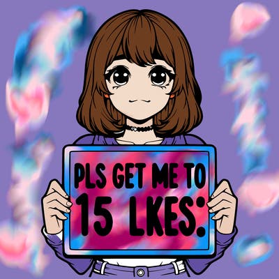realistic girl holding up a sign that says “pls get me to 15 likes!”
