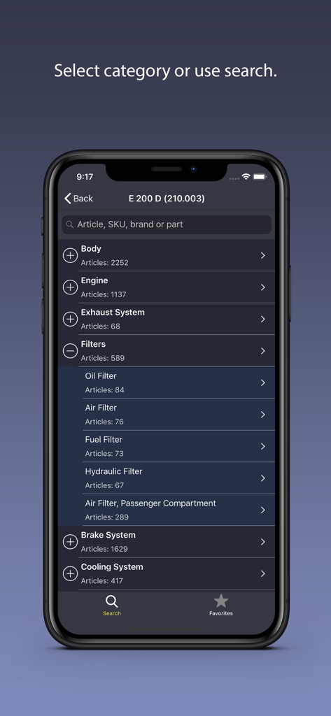 AutoParts for Mercedes Benz - Search interface of the AutoParts for Mercedes Benz app listing car part categories for an E 200 D model