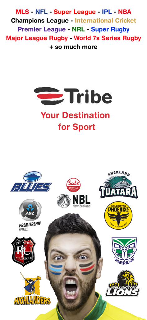 Tribe: Live Sports Scores - Logo et slogan de l'application Tribe présentant des ligues sportives internationales et un fan enthousiaste