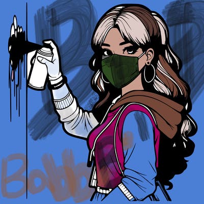 realistic girl with mask spray painting a wall