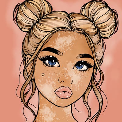 realistic girl with two buns on her hair and lips