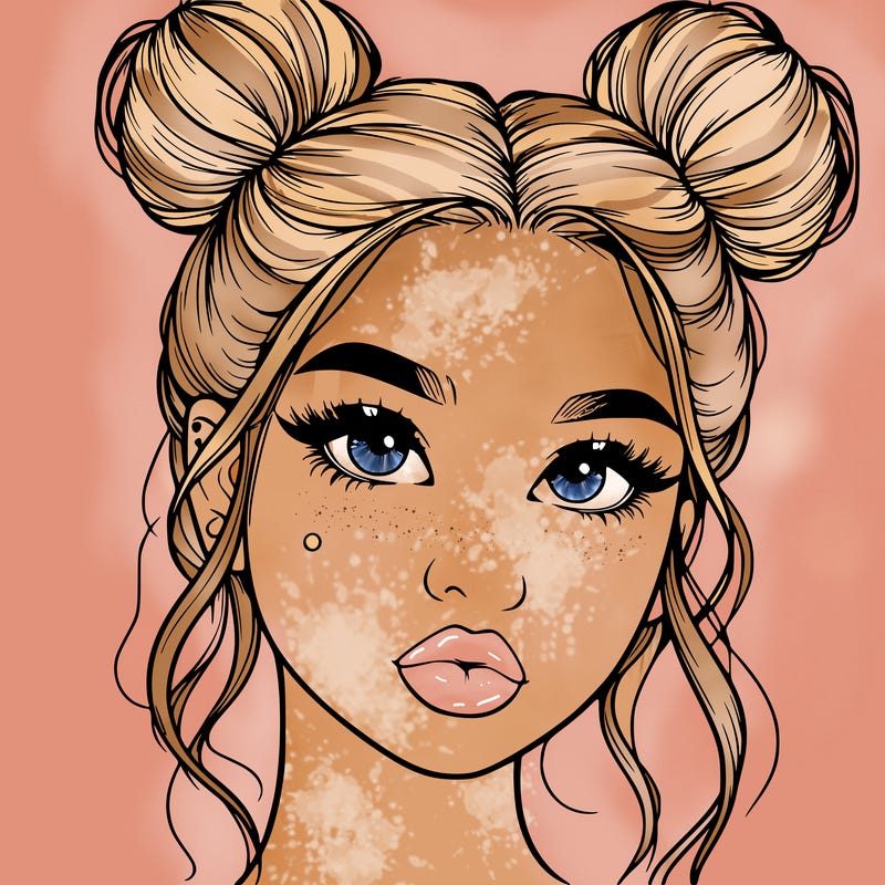 realistic girl with two buns on her hair and lips