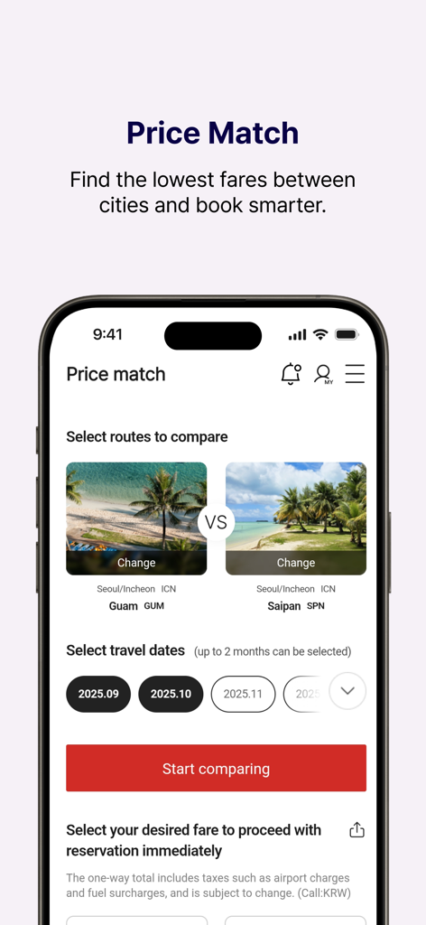 T’way Air - Capture d'écran de l'application T'way Air affichant la fonction « Alignement des prix » qui permet aux utilisateurs de comparer les tarifs aériens entre différentes destinations comme Guam et Saipan.