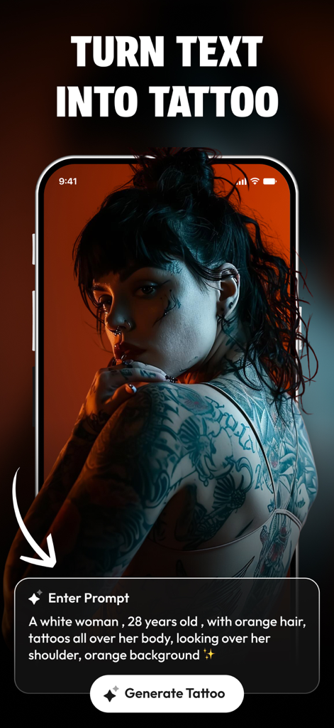 A mobile app screen showing the AI tattoo generator feature converting a text prompt into a visual tattoo design.