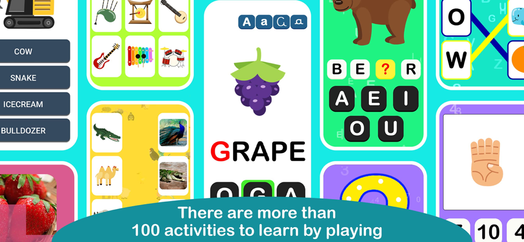 Collage of educational game screens for children showing spelling counting and animal recognition activities