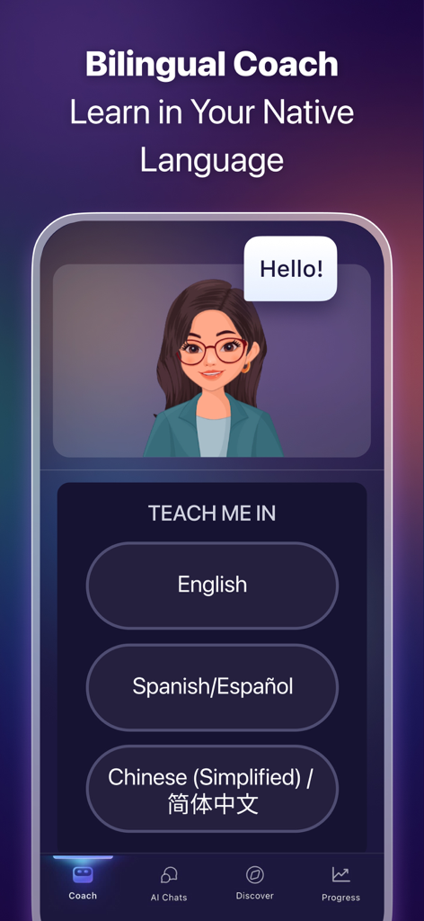ELSA Speak app screen showing the bilingual AI coach feature for learning English in a native language