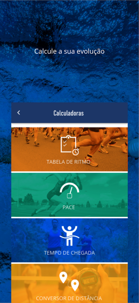 Treinus - Interface do aplicativo Treinus exibindo calculadoras de performance para ritmo, tempo de conclusão e conversão de distância.