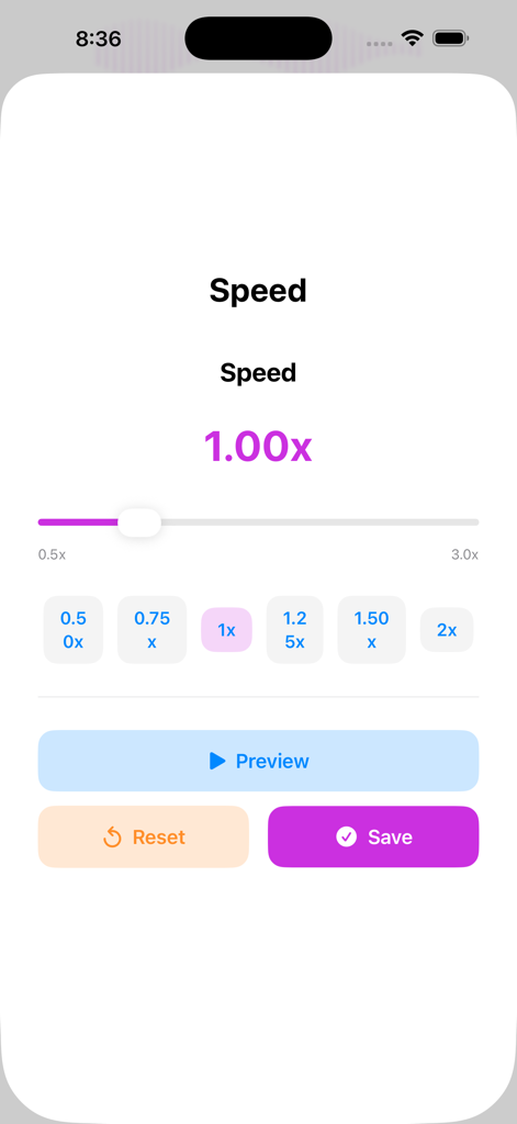 Convert Video to MP3: VidoTune - VidoTuneアプリのインターフェース。再生速度調整画面が表示されており、スライダーと0.5倍から2倍までのプリセットボタンがあります。