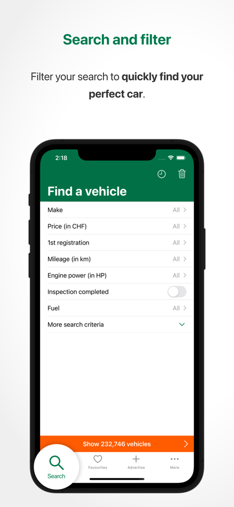 Search and filter screen for vehicles in the Comparis Car Marketplace app
