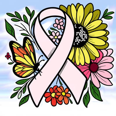 cancer awareness symbol with flowers and butterflies