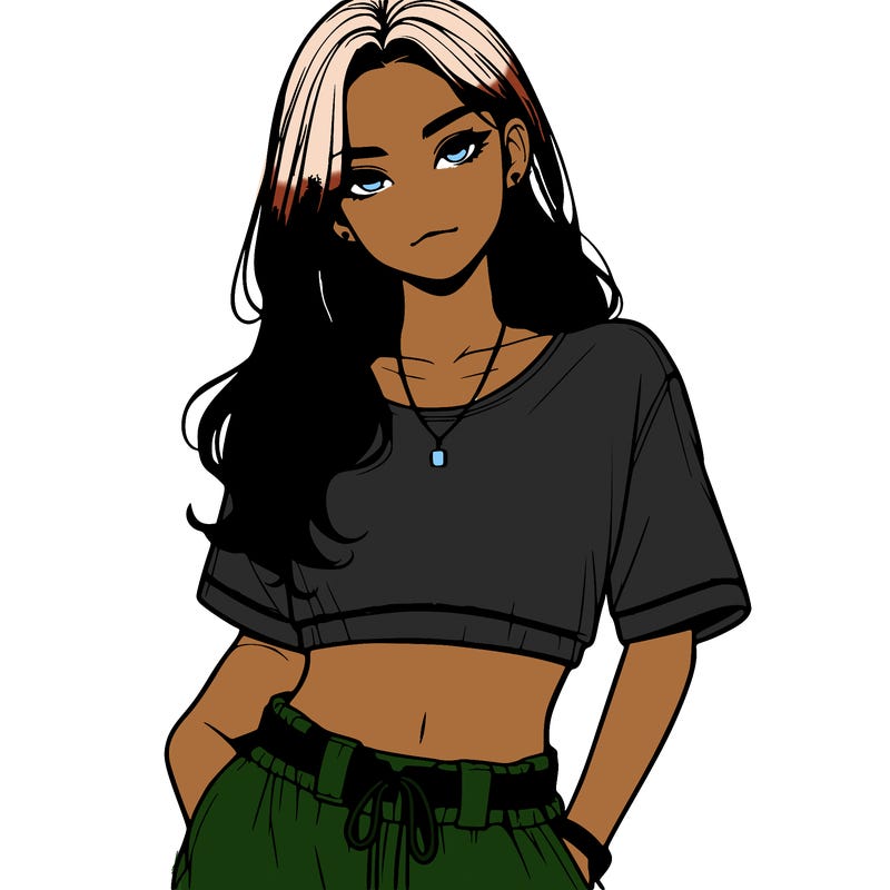 realistic girl witha crop top and baggy pants