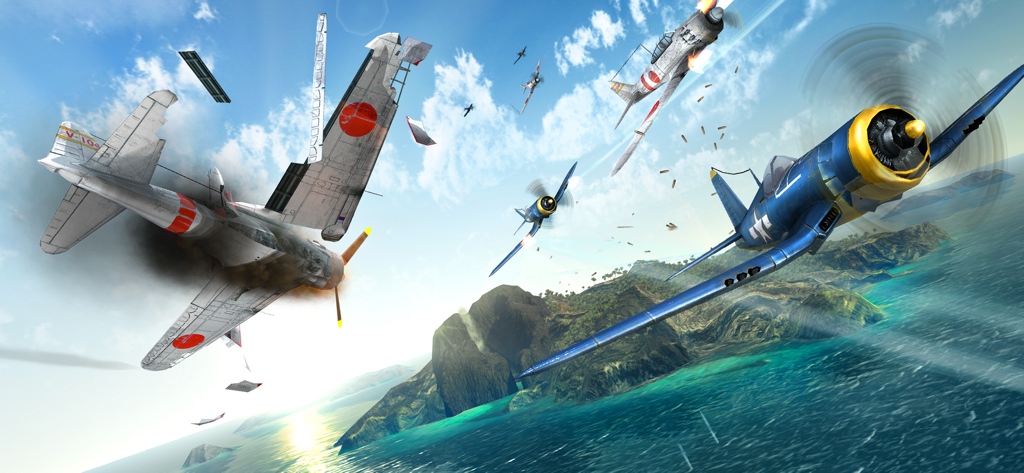 Sky Gamblers: Storm Raiders - Intense WWII aerial dogfight with damaged planes over tropical islands