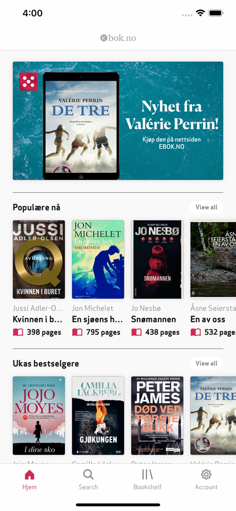 EBOK.NO - The home screen of the EBOK.NO mobile app featuring popular Norwegian ebooks and bestsellers by authors like Jo Nesbo and Camilla Lackberg.