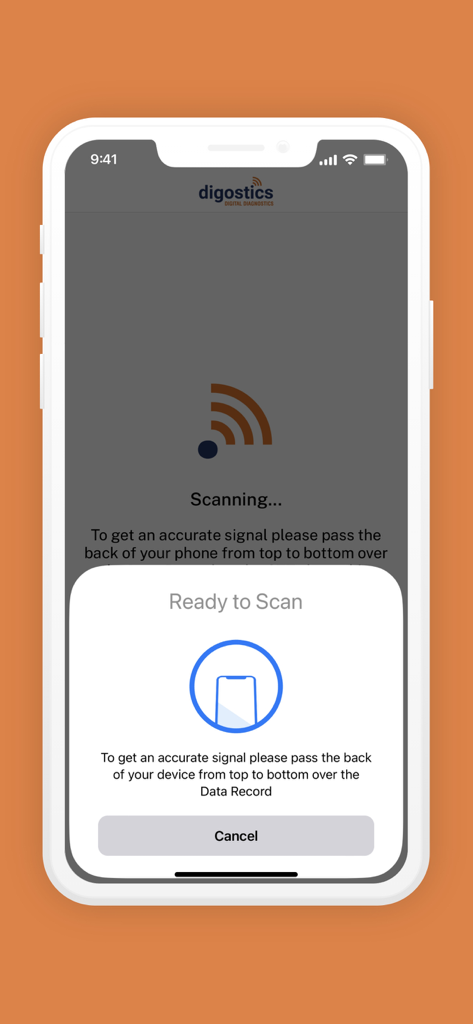 GTT@home - Interface do aplicativo GTT@home mostrando um prompt para escanear um kit de teste usando a tecnologia NFC.