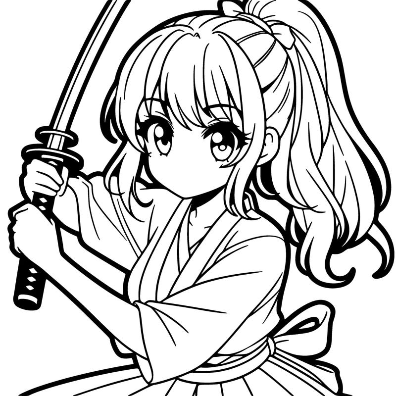 pretty anime girl with her hair up in a ponytail and practicing swordsmanship