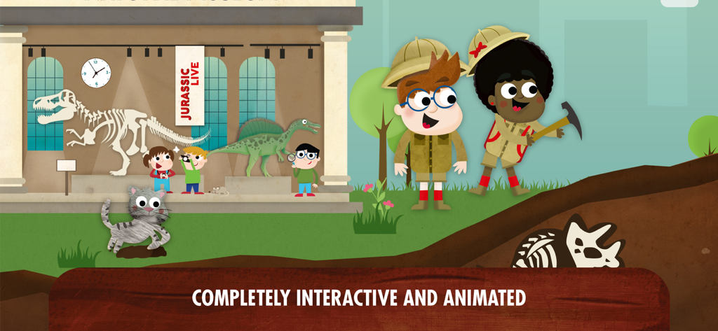 Animated characters exploring a dinosaur museum and digging for fossils.