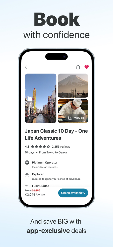 TourRadar mobile app displaying a ten day Japan adventure tour with exclusive deals and booking information