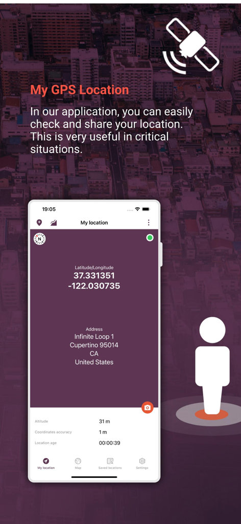 My GPS Locationアプリのインターフェイスに、正確な緯度経度と住所が表示されています