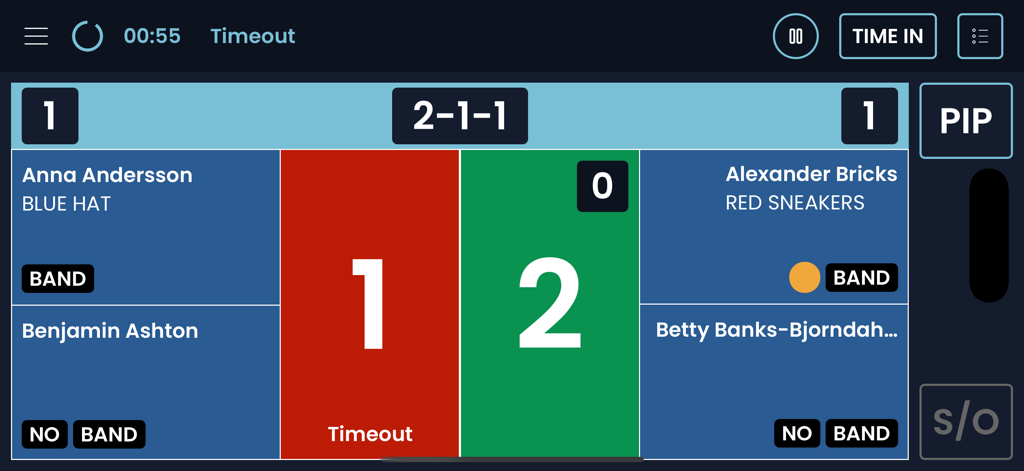 Pickleball Referee App - Pickleball Referee App interface showing a match timeout with current score and player names
