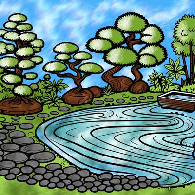 a serene zen garden with raked gravel, bonsai trees, and tranquil ponds