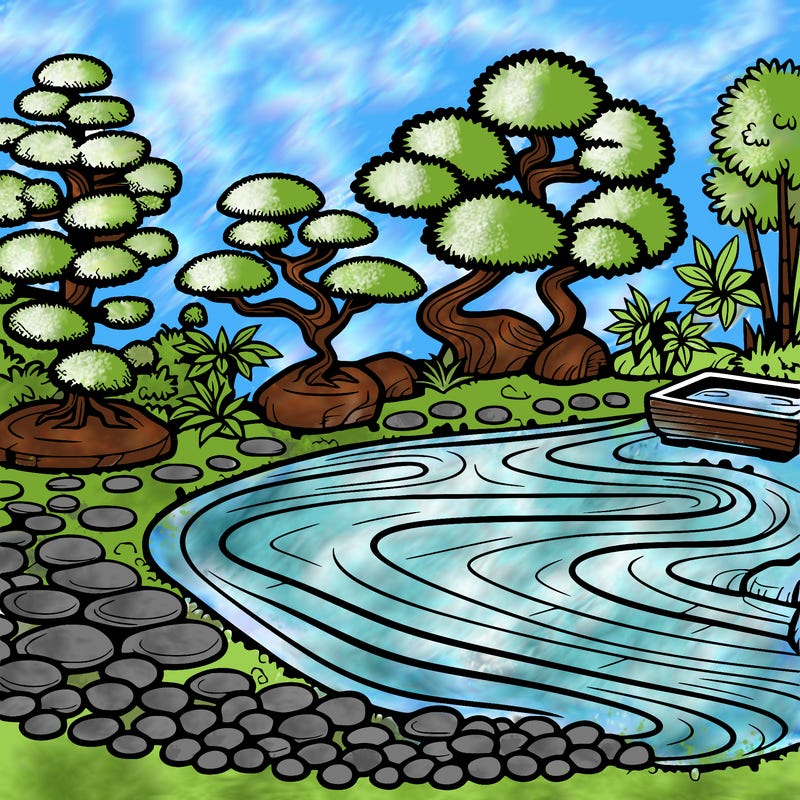 a serene zen garden with raked gravel, bonsai trees, and tranquil ponds