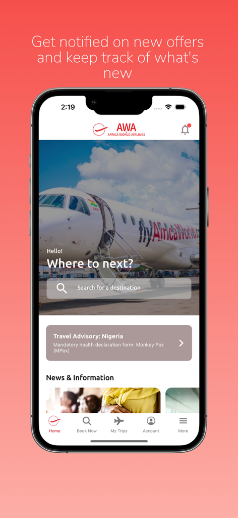 Africa World Airlines mobile app home screen showing flight search and travel advisory notifications.