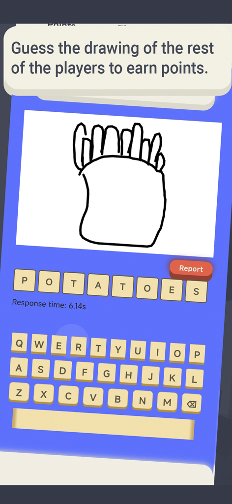 Whisper Game: Thelephone - Mobile game interface where a player is guessing a drawing of french fries by typing potatoes