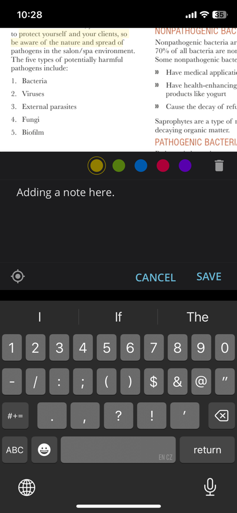 Pivot Point Reader - Añadiendo una nota digital y un resaltado codificado por color a un libro de texto de cosmetología en la aplicación Pivot Point Reader.