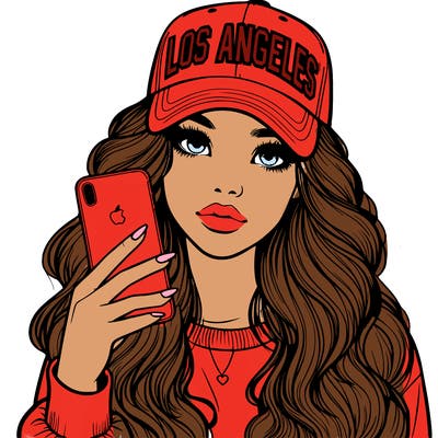 realistic beautiful girl wearing los ángeles cap holding an iphone
